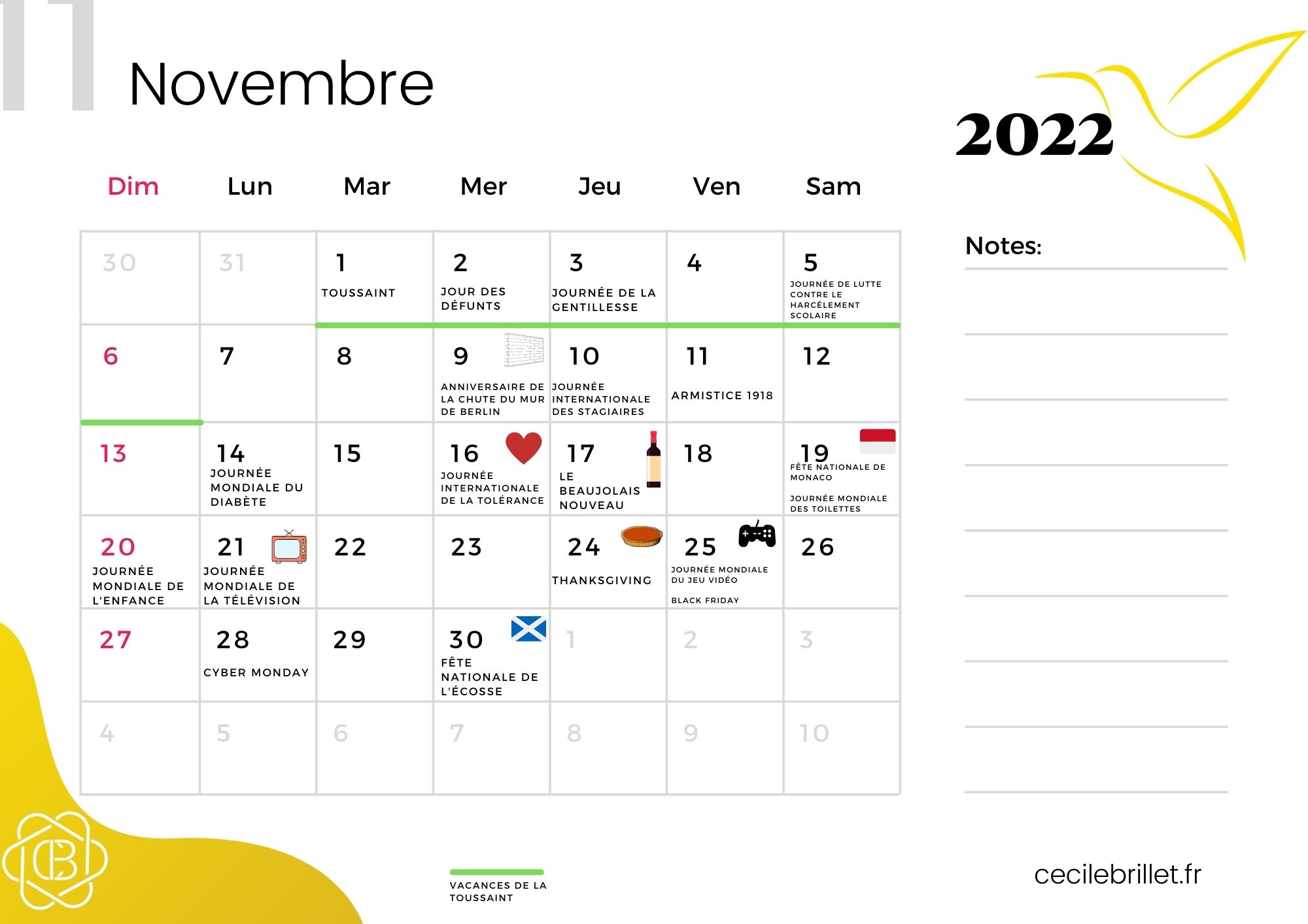 Calendrier publication mensuel novembre 2022