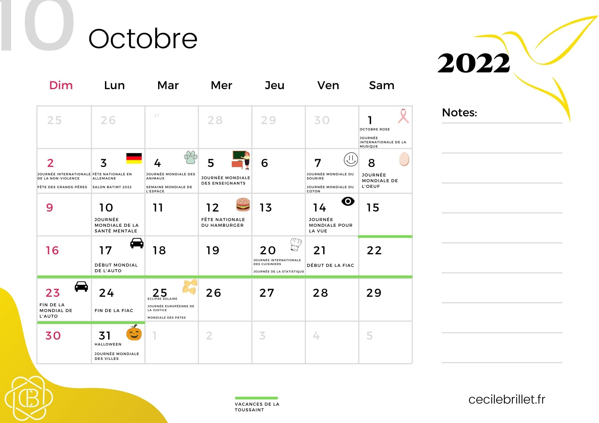 Calendrier publication mensuel octobre 2022